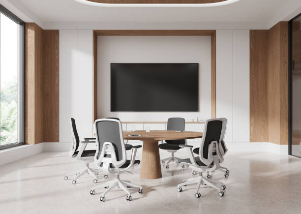 istock Modern conference room with round table and office chairs. 3D Rendering 2187798366