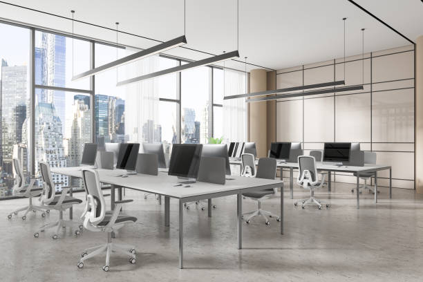 istock Modern open office space with city view and minimalist design. 3D Rendering 2187798401