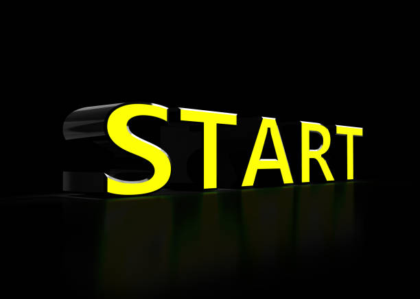 Yellow and black start sign is showing beginning, commencement or launch