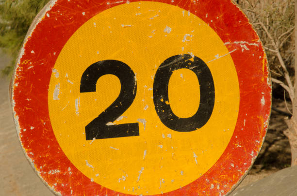 Traffic sign marking the speed limit in twenty kilometers. Sardina del Norte. Galdar. Gran Canaria. Canary Islands. Spain.