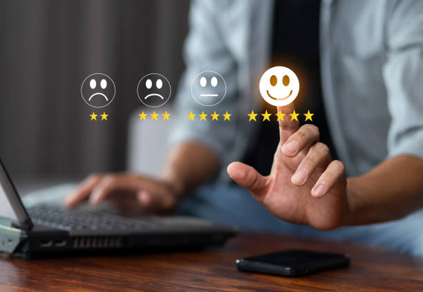 feedback review with happy smile icon and five star