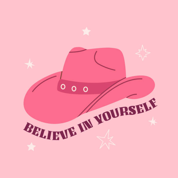 Pink cowgirl hat with ornament. Trendy phrase print, poster. Believe in yourself. Cowboy western and wild west theme. Hand drawn vector illustration Pink cowgirl hat with ornament. Trendy phrase print, poster. Believe in yourself. Cowboy western and wild west theme. Hand drawn vector illustration. theme wild wild west stock illustrations
