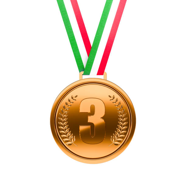 Bronze medal with the number three engraved, hanging from a red, white, and green ribbon, representing the third-place achievement