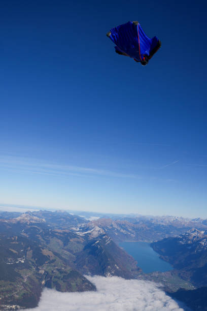 istock Wingsuit flier soars above mountains and lake 2187806456