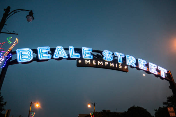 Memphis, United States – June 18, 2023: The famous Beale Street sign at night in Memphis, Tennessee.