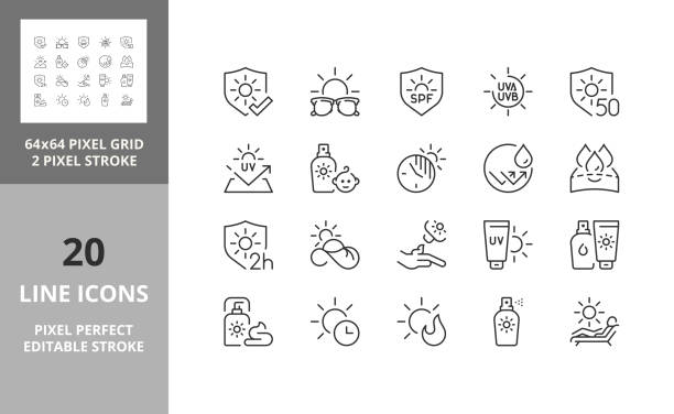Sun protection 64px and 256px editable vector set Line icons about sun protection. Editable vector stroke. 64 and 256 Pixel Perfect scalable to 128px... uv light stock illustrations