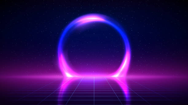 istock Retro futuristic background. Synthwave 80s style, neon color. Shining circle of space portal, laser, neon grid. 3d dark blue backdrop, digital template. Starry sky background, mesh grid floor. Vector 2187812777