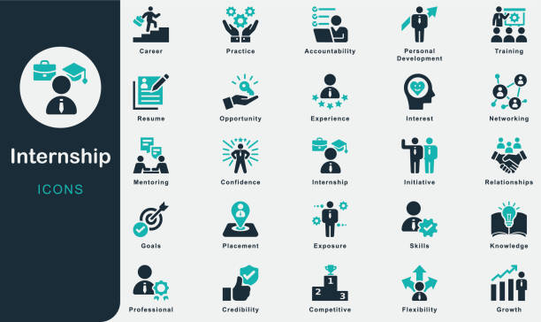Internship solid icons collection.Containing Knowledge, human resource, Goals, Skills, Training, Mentoring, Practice, Opportunity, Workplace, Personal, Development, Experience, Credibility, Career Internship solid icons collection.Containing Knowledge, human resource, Goals, Skills, Training, Mentoring, Practice, Opportunity, Workplace, Personal, Development, Experience, Credibility, Career, Accountability, Relationships, Flexibility, Initiative, Internship, Networking, Confidence, Resume, Competitive, Interest, Professional, Placement, Exposure, Growth labor icon stock illustrations
