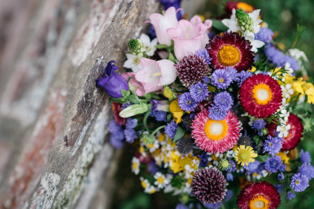 Beautiful fresh wildflower bouquet featuring vibrant strawflowers, purple bellflowers, pink campanulas, and white daisies arranged naturally against a weathered stone wall. The composition includes deep burgundy everlasting flowers with golden centers, lavender asters, and delicate yellow blooms, creating a romantic countryside atmosphere with a shallow depth of field.
