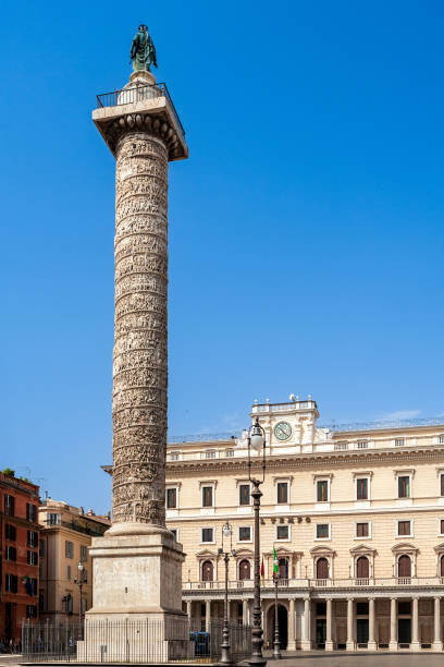 The ornate reliefs of Marcus Aurelius column depict significant events from Roman history in the heart of ancient Rome, Italy.