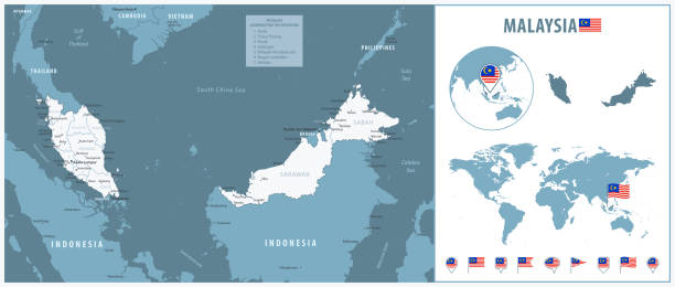 Malaysia Detailed Map With Regions And Cities Set Of Flags Globe Malaysia Detailed Map With Regions And Cities Set Of Flags Globe Country Outline Country 