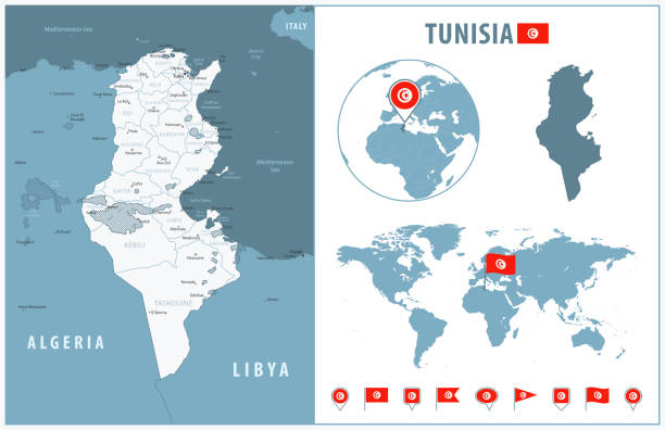 Tunisia Detailed Map With Regions And Cities Set Of Flags Globe Country Tunisia Detailed Map With Regions And Cities Set Of Flags Globe Country Outline Country 