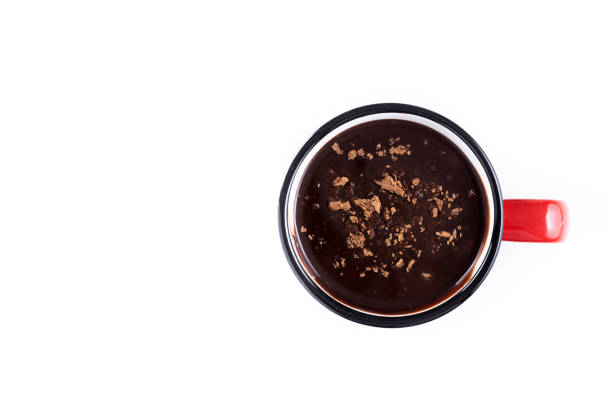 Hot chocolate drink in red mug isolated on white background