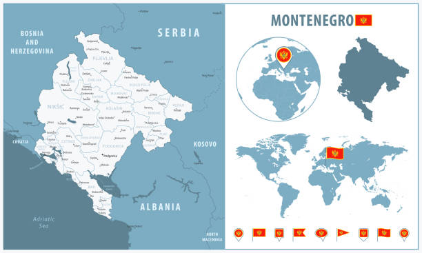 Montenegro Detailed Map With Regions And Cities Set Of Flags Globe Montenegro Detailed Map With Regions And Cities Set Of Flags Globe Country Outline Country 