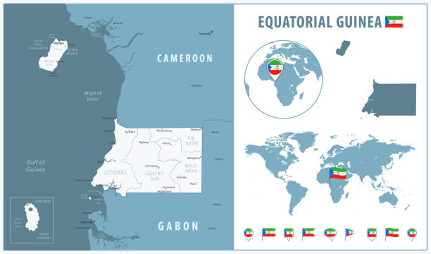 Equatorial Guinea Detailed Map With Regions And Cities Set Of Flags Equatorial Guinea Detailed Map With Regions And Cities Set Of Flags Globe Country Outline 