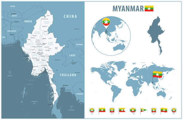 Myanmar Detailed Map With Regions And Cities Set Of Flags Globe
