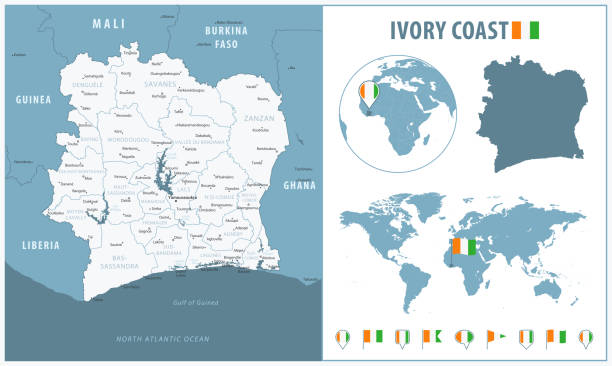 Ivory Coast Detailed Map With Regions And Cities Set Of Flags Globe Ivory Coast Detailed Map With Regions And Cities Set Of Flags Globe Country Outline Country 