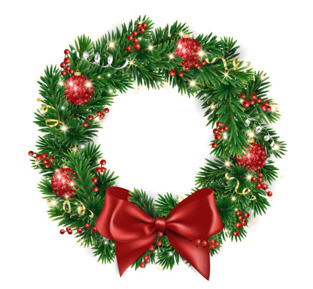 istock Christmas tree wreath. Realistic pine tree branches with red bow and ribbons. Decoration for holiday banners, party posters, cards, headers, social media. Transparent background in vector file. 2187829647