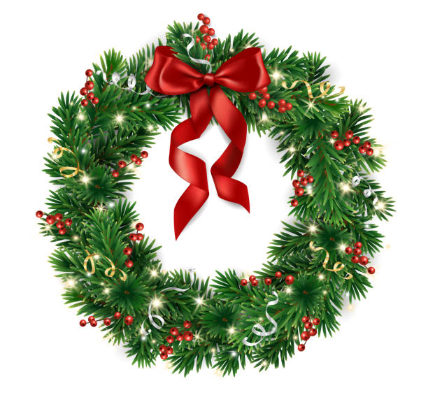 istock Christmas tree wreath. Realistic pine tree branches with red bow and ribbons. Decoration for holiday banners, party posters, cards, headers, social media. Transparent background in vector file. 2187829714