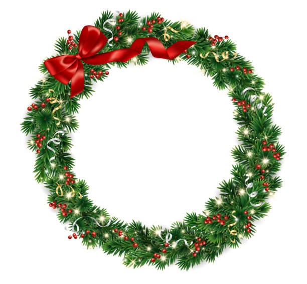 istock Christmas tree wreath. Realistic pine tree branches with red bow and ribbons. Decoration for holiday banners, party posters, cards, headers, social media. Transparent background in vector file. 2187829758