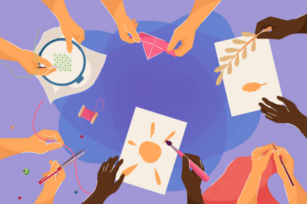Top view of hands doing different handmade works Top view of hands doing different handmade works. Diverse children knitting, sewing, embroidering, scrapbooking making creative craftworks flat vector illustration. DIY, workshop, event concept origami hand stock illustrations