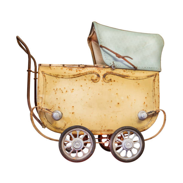 Side view of a vintage weathered baby stroller isolated on a white background