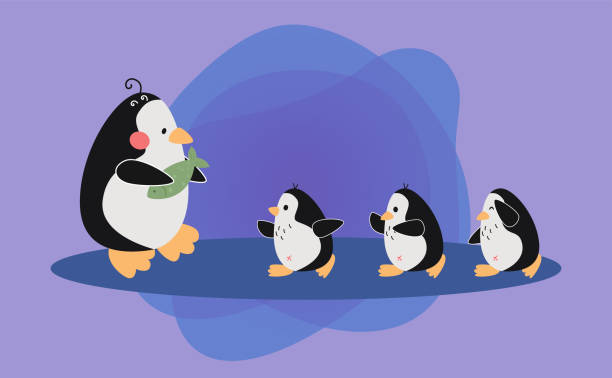 istock Comic mother penguin giving fish to kids vector illustration 2187832068