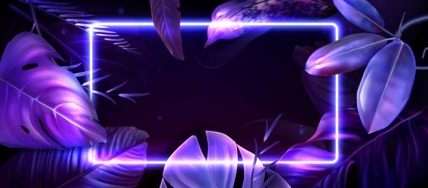 istock Purple tropical leaves and neon frame for party 2187837408