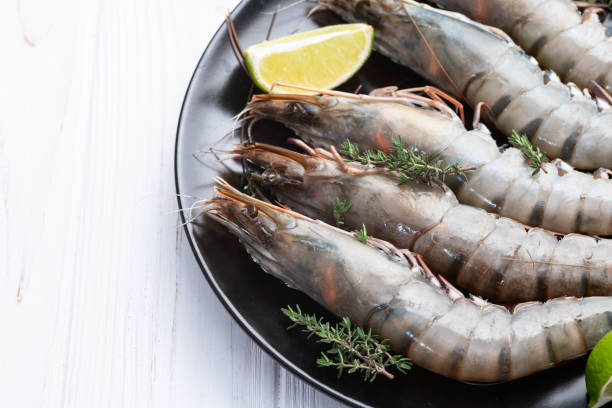istock Raw big tiger ( king ) shrimps photography . Top view 2187848071