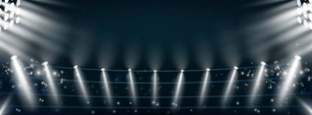 istock Directional sources, football field searchlights. Vector cold rays, sport arena lighting design, different projectors, Illuminated scene for performance or show. Bright illumination set 2187849818