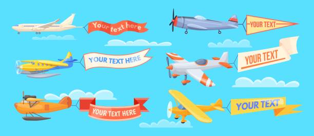 Airplanes with ribbons. Plane with flag banner, aeroplane pull ribbon text message air advertising retro aircraft placard in cloud sky flying aerial poster neat vector illustration original artwork