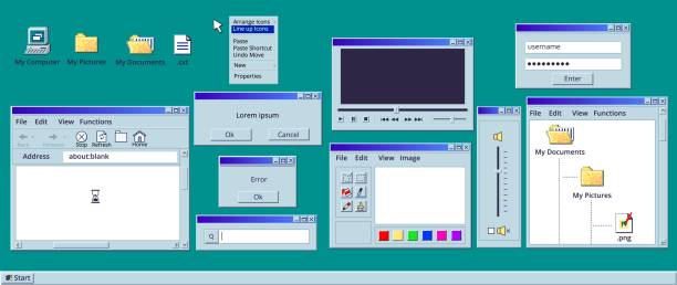 ilustrações de stock, clip art, desenhos animados e ícones de retro empty window. old windows 95 system interface, vintage computer application frame template pc software message display screen blank elements 1990s, classy vector illustration - interface gráfica do utilizador