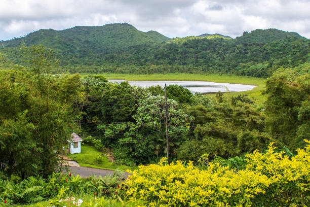 St. George's, Grenada - January 4, 2018: Scenic view of lush green landscape with hills and a small lake.