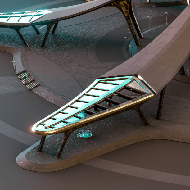 istock Futuristic architectural entrance detail with dynamic, curved wing forms and sleek modern design elements, emphasizing a clean, geometric aesthetic, 3D rendering. 2187854531