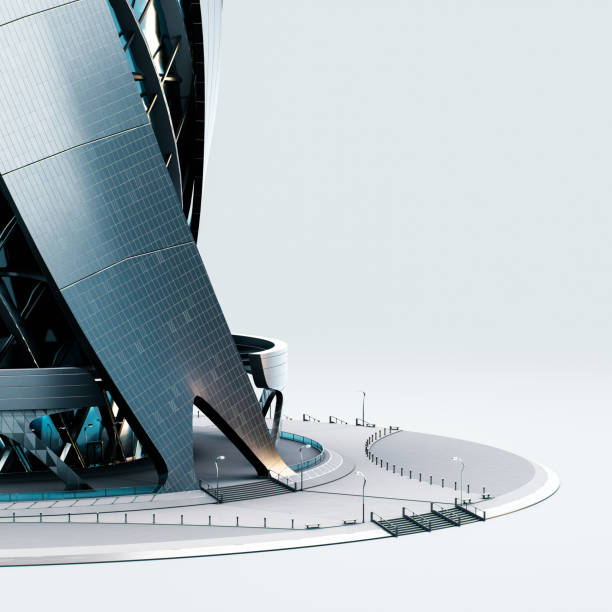 istock Futuristic Spiral Skyscraper Enterance with Glass and Metal Facade, Sleek Architectural Design, and Advanced Structural Elements in Modern Urban Setting, 3D Rendering 2187854921