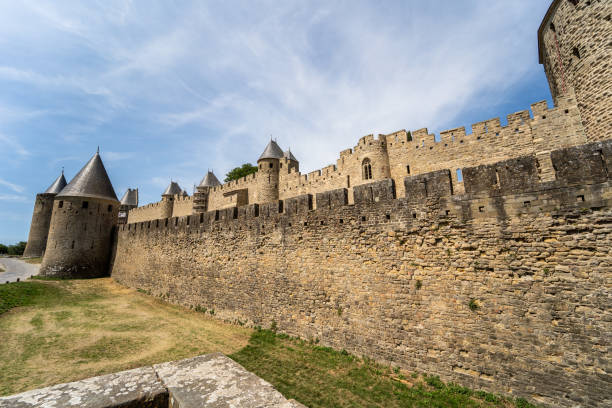View of the walled medieval fortress of Cite de Carcassonne, Occitania, France
