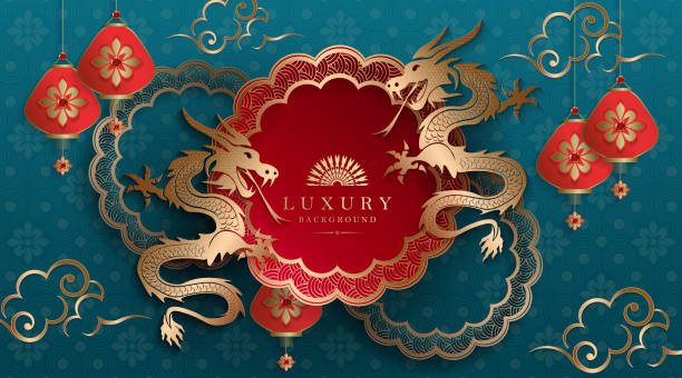 istock Happy Chinese New Year, golden dragons with a round frame, textured turquoise composition 2187855804