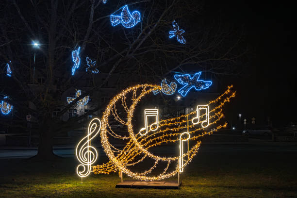 Musical-themed light display with glowing notes, treble clef, and blue doves in a nighttime park, creating a festive atmosphere.