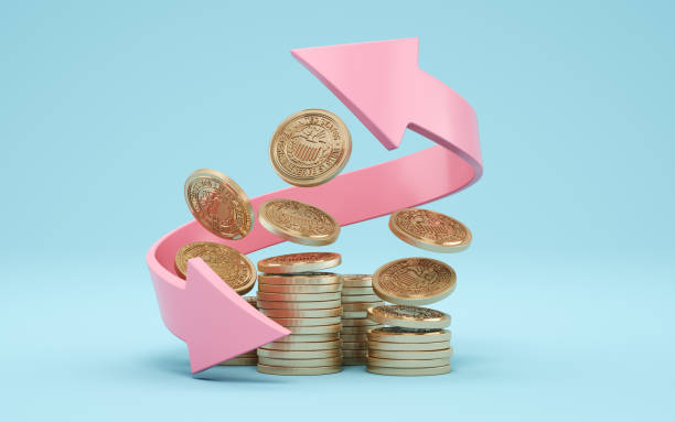 istock Federal Reserve System Gold Coins with Pink Arrow on Blue Soft Infinity Background 2187863315
