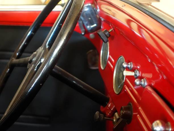 istock Vintage car red dashboard and steering wheel close-up. 2187864012