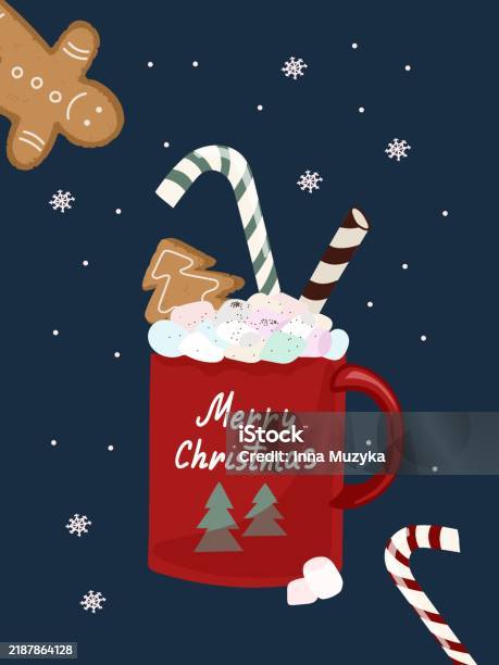 Ilustración de Lindo Cartel De Felicitación De Navidad De Matrimonio Simple Tarjeta Taza Roja Con Cacao Y Malvaviscos Galletas De Jengibre y más Vectores Libres de Derechos de Alegre