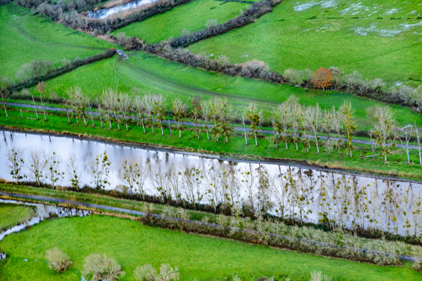 Aerial views of Patchwork rural fields near Penzance, Cornwall on a sunny June day.