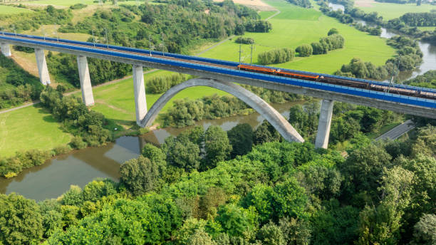 istock Railway bridge over river - aerial view 2187871445