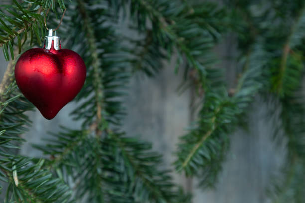 Close-up of one solid heart-shaped Christmas ornament hanging from spruce branches with a wood background. Focus on ornament.