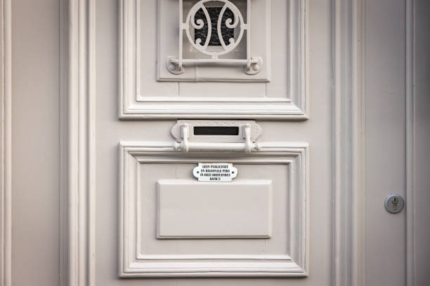 istock front door with a sign for not receiving leaflets and advertising 2187872870