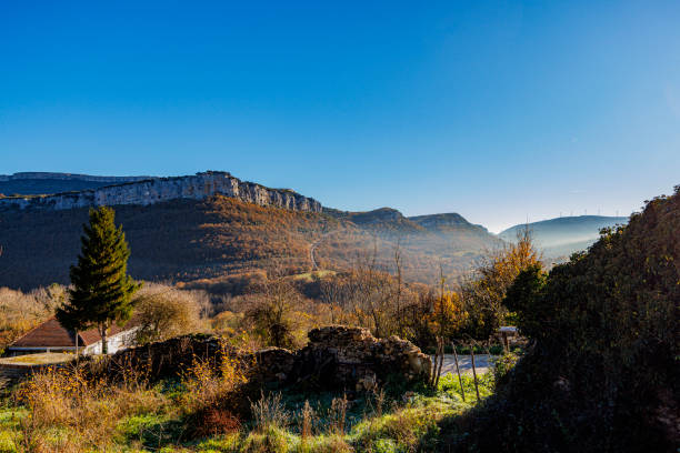 A serene autumn scene featuring golden trees and rocky cliffs under a clear blue sky in northern Spain, evoking tranquility and natural beauty.