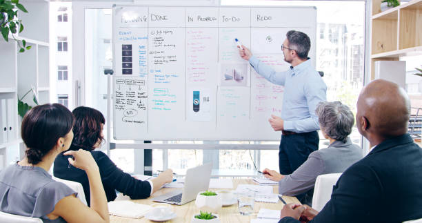 istock Presentation, meeting and business people with whiteboard in office for project analysis with team. Discussion, collaboration and speaker with employees for checklist with corporate workshop training 2187876019
