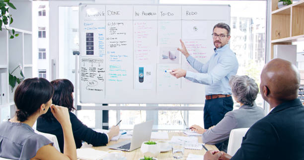 istock Presentation, discussion and businessman with whiteboard in office for project analysis with team. Meeting, collaboration and speaker with employees for checklist with corporate workshop training. 2187876024