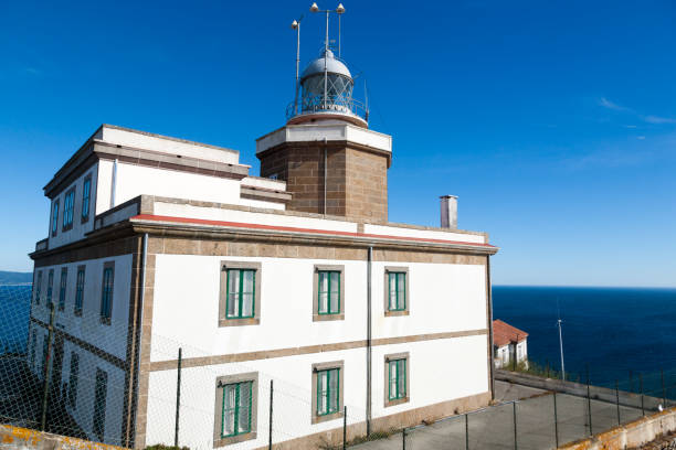 Cape Finisterre lighthouse exterior view, Galicia, Spain. Spanish landmark