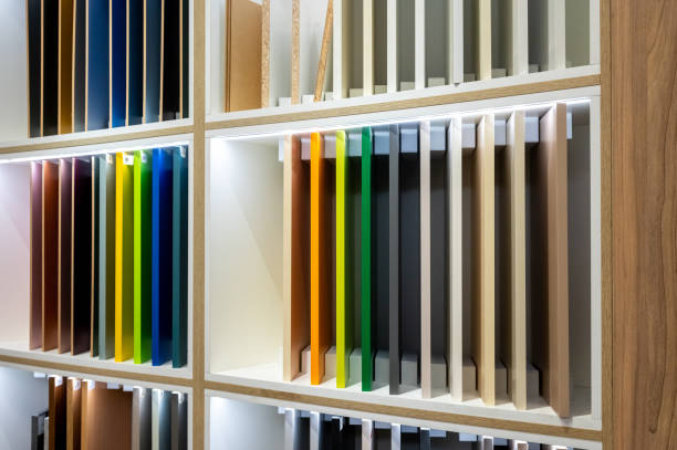 istock Colorful Paper Samples on Display Shelves in Office 2187889565